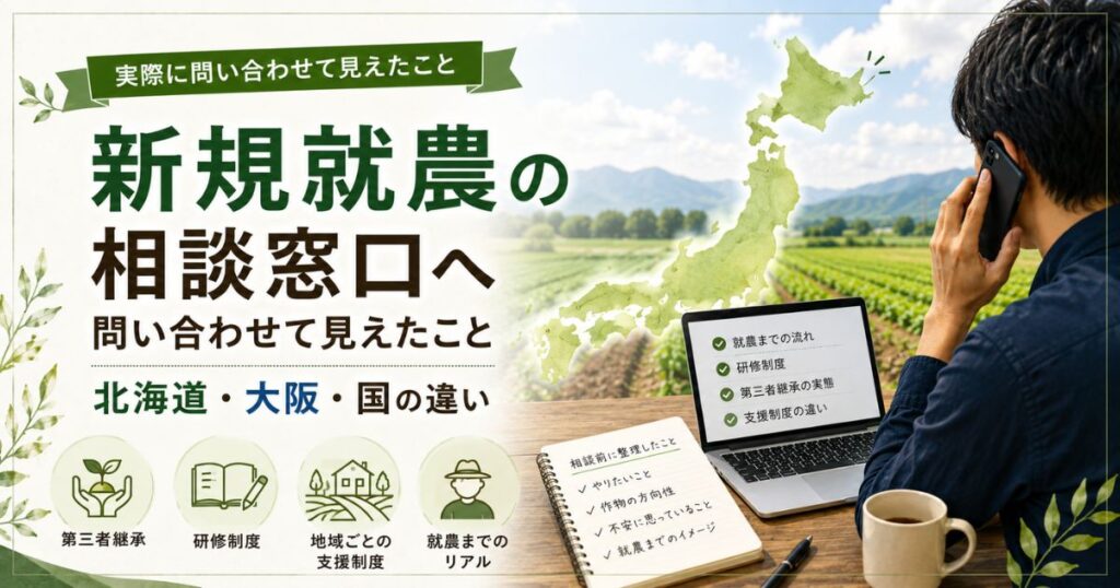 新規就農の相談窓口について電話相談する様子と北海道・大阪・国の違いを整理したイメージ
