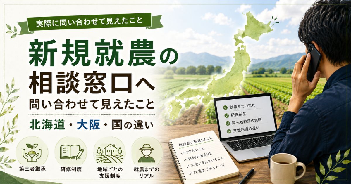 新規就農の相談窓口について電話相談する様子と北海道・大阪・国の違いを整理したイメージ