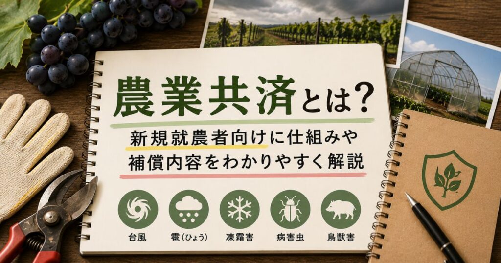 農業共済の仕組みや補償内容を新規就農者向けに解説するイメージ