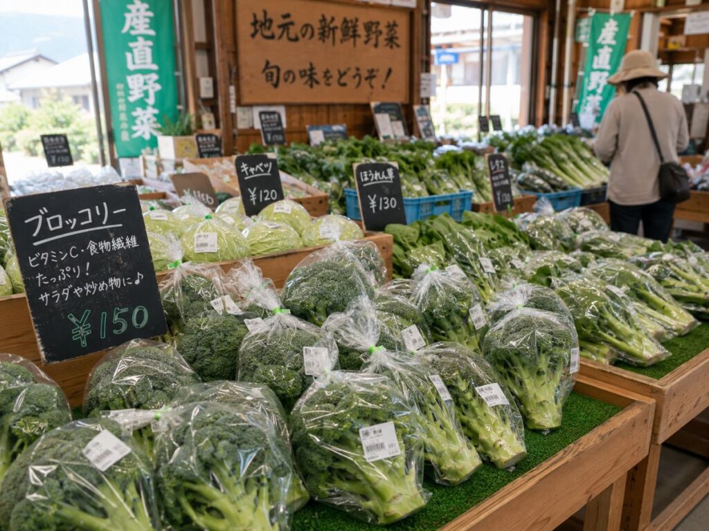 直売所で販売されるブロッコリーと地元野菜