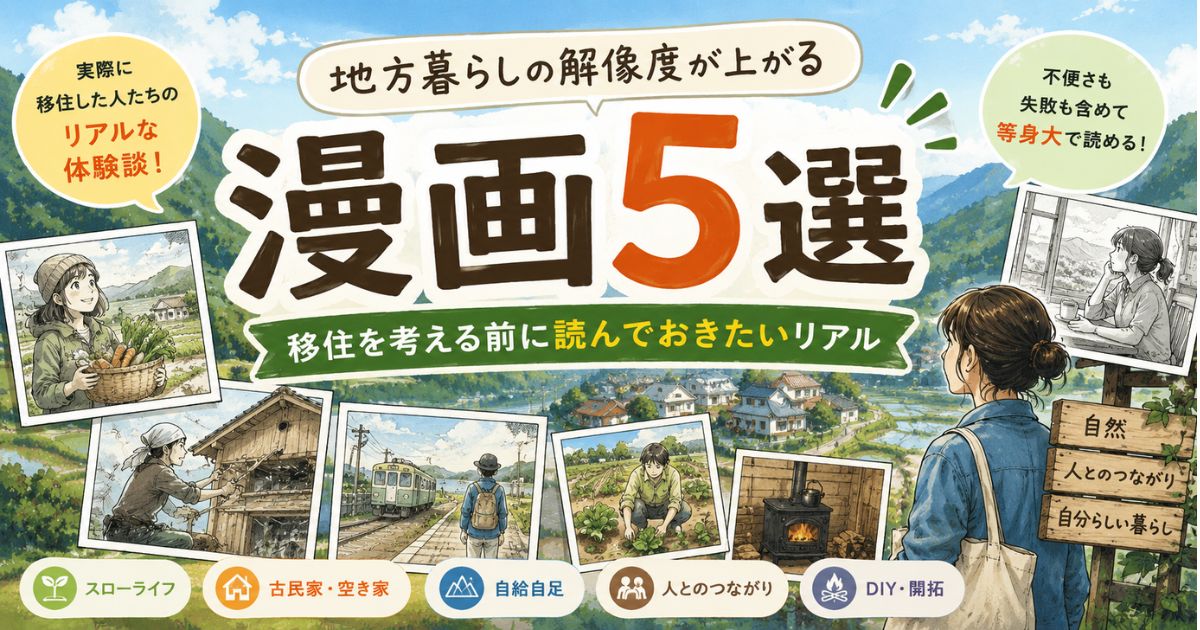 地方移住や田舎暮らしのリアルがわかるおすすめ漫画5選を紹介するアイキャッチ画像