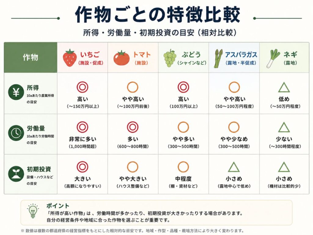 作物ごとの所得・労働量・初期投資の比較表