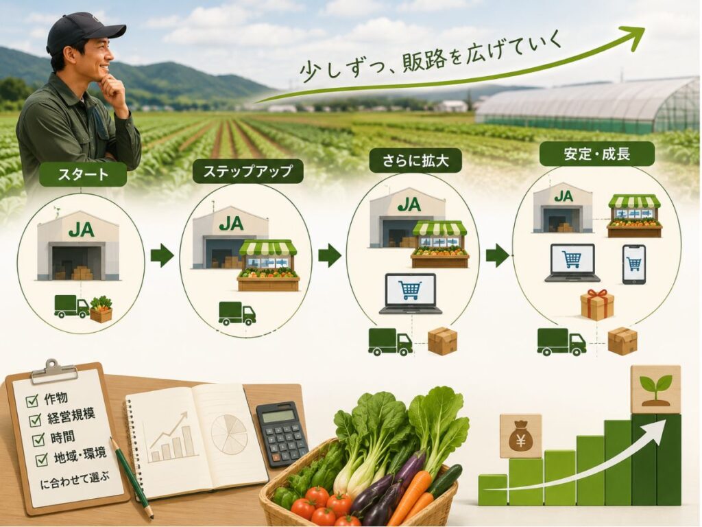 JA出荷から直売やECへ販路を少しずつ広げていく販売戦略のイメージ図
