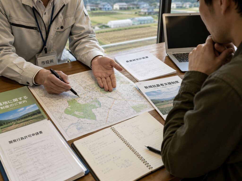 市役所担当者へ農家住宅や開発許可について相談する様子