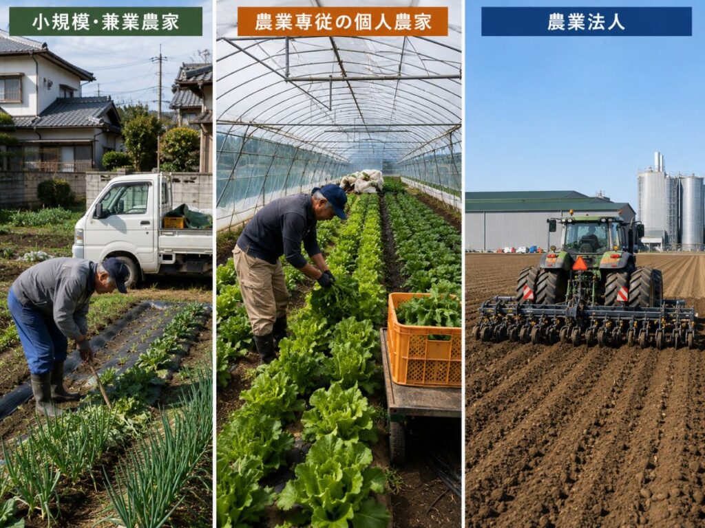 小規模兼業農家・農業専従の個人農家・農業法人の違いを比較したイメージ画像