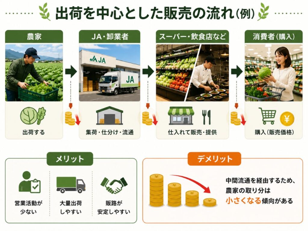 JAや卸業者を経由してスーパーや飲食店へ流通する野菜の販売の流れとメリット・デメリットをまとめた図