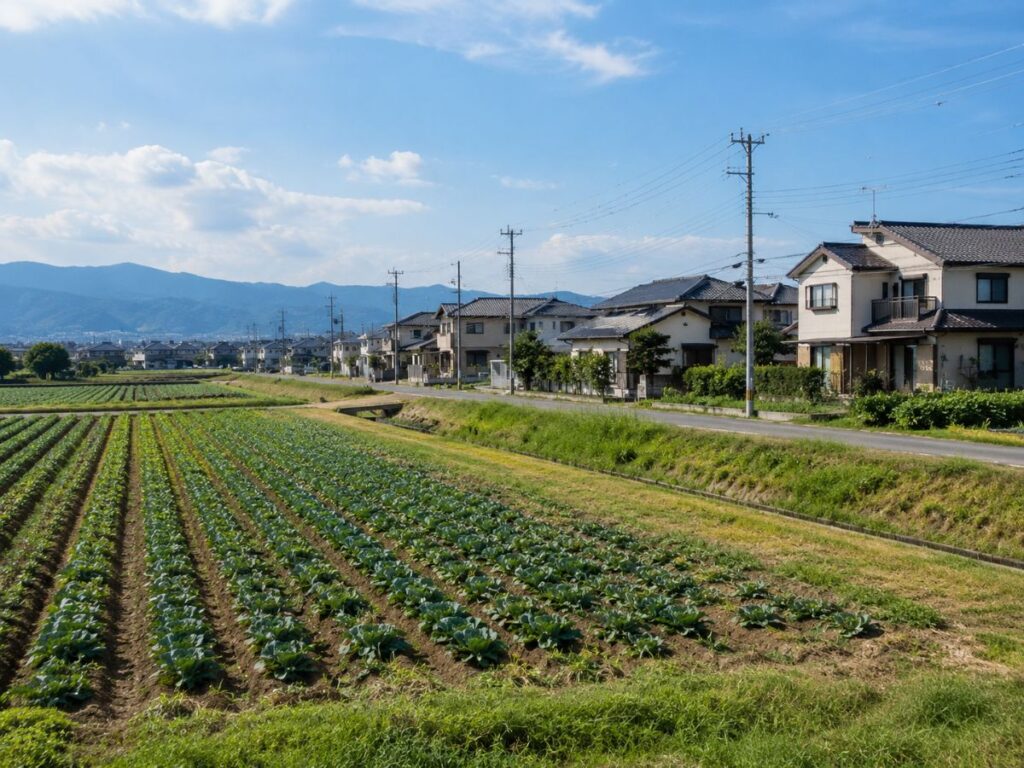 農地の近くに住宅が立ち並ぶ農村地域の風景