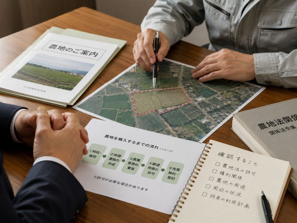 農地取得に向けて農地の位置や条件を確認している様子