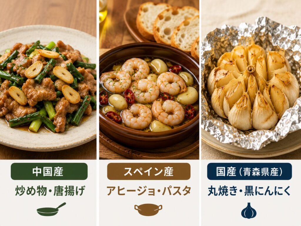 中国産・スペイン産・国産にんにくのおすすめ料理を比較した図