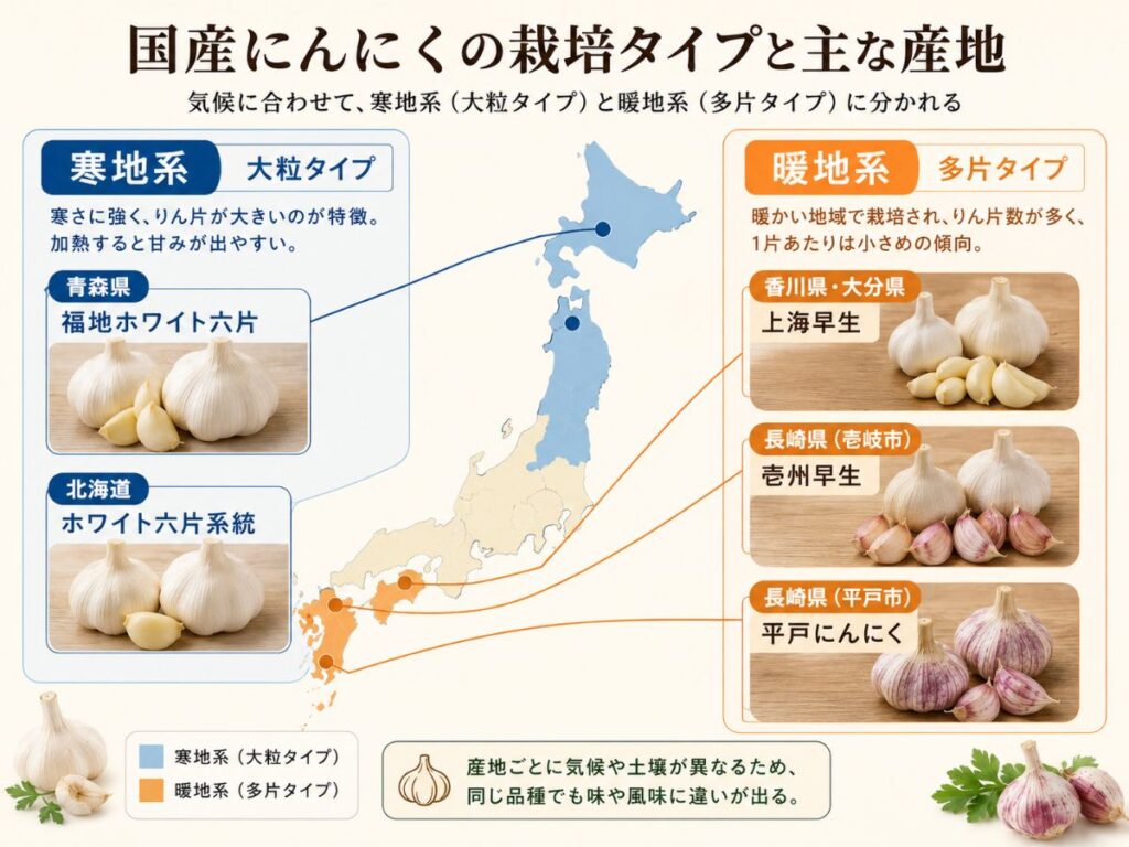 国産にんにくの寒地系と暖地系の違いと主な産地をまとめた図