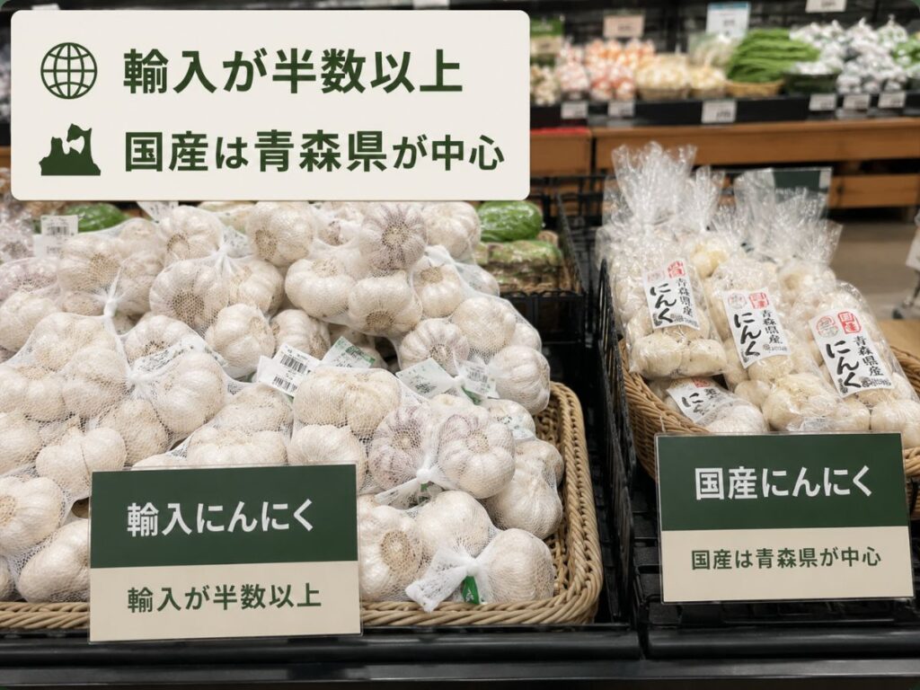 スーパーに並ぶ輸入にんにくと国産にんにくの割合を説明した図