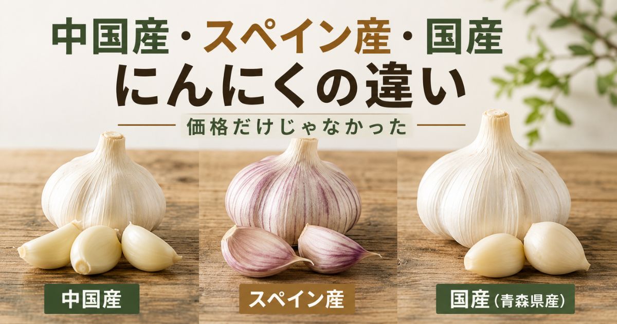 中国産・スペイン産・国産にんにくの違いを比較したイメージ