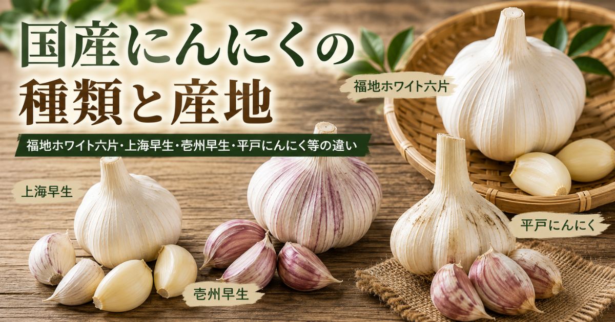 福地ホワイト六片・上海早生・壱州早生・平戸にんにくの違いを紹介するアイキャッチ画像