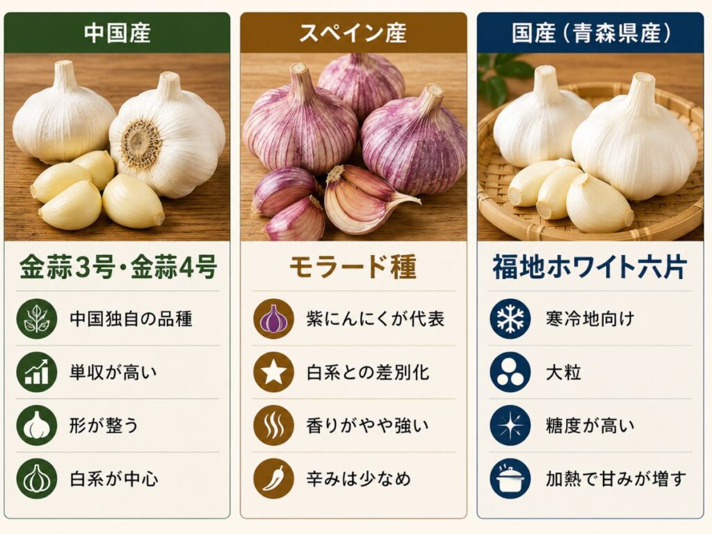 中国産・スペイン産・青森県産にんにくの代表品種と特徴の比較