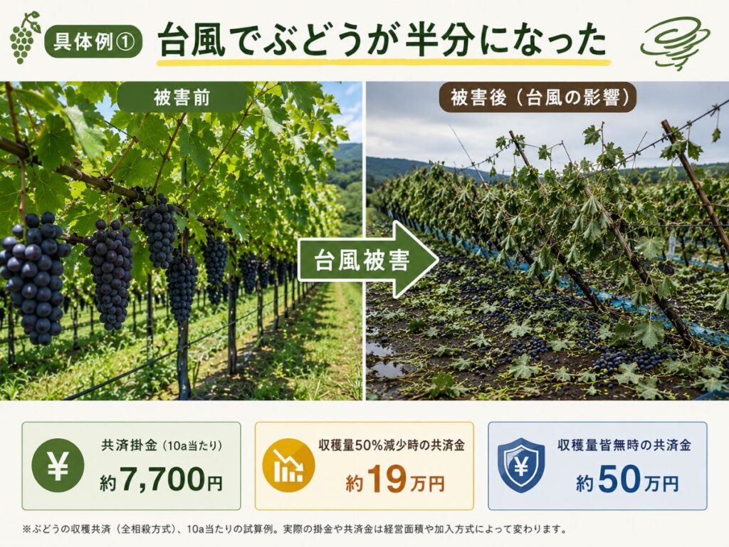台風被害でぶどうの収穫量が半減した場合の農業共済の補償イメージ