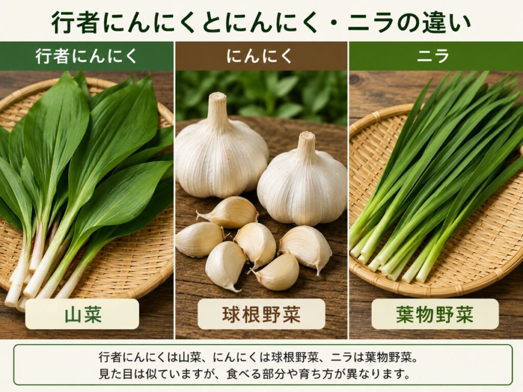 行者にんにくとにんにくとニラの違いを比較した画像