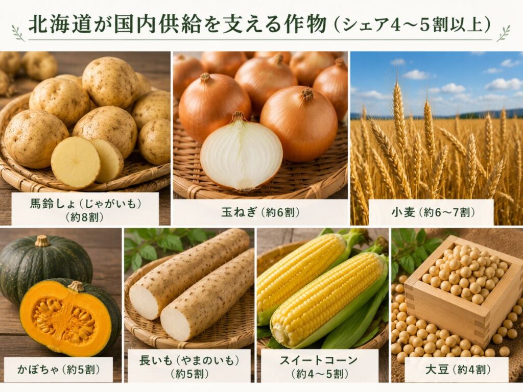 北海道が国内供給の中心を担う作物(じゃがいも・玉ねぎ・小麦・かぼちゃ・長いも・スイートコーン・大豆)をまとめた図