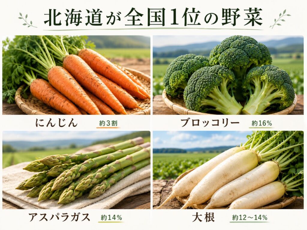 北海道が全国1位の生産量を誇る野菜(にんじん・ブロッコリー・アスパラガス・大根)の比較図