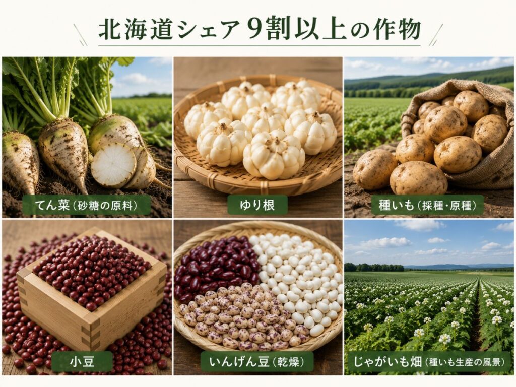 北海道が全国シェア9割以上を占める作物(てん菜・ゆり根・種いも・小豆・いんげん豆)をまとめた図