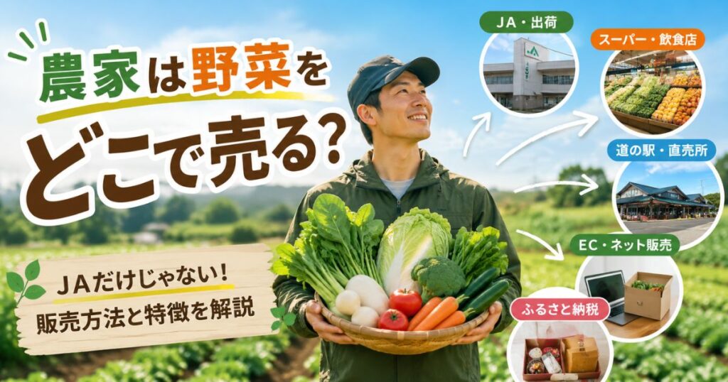 農家が野菜をどこで売るのか、JA出荷や直売、EC、ふるさと納税など主な販売方法を紹介するアイキャッチ画像