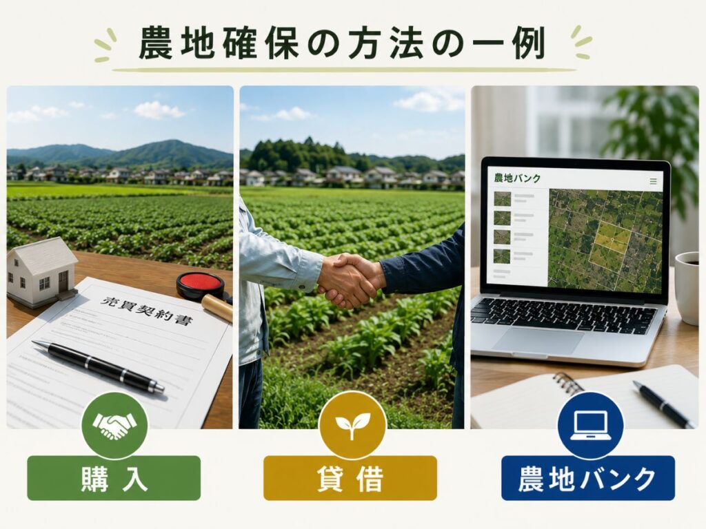農地を確保する方法の一例として購入・賃借・農地バンクを示した図