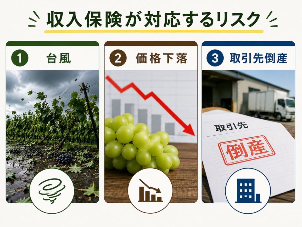 収入保険で補償対象となる台風被害・価格下落・取引先倒産のイメージ