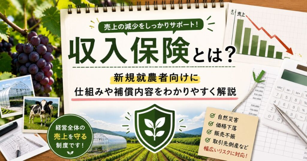 収入保険の仕組みや補償内容を新規就農者向けに解説するイメージ