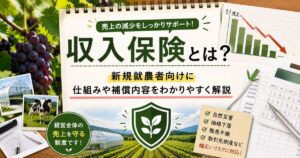 収入保険の仕組みや補償内容を新規就農者向けに解説するイメージ