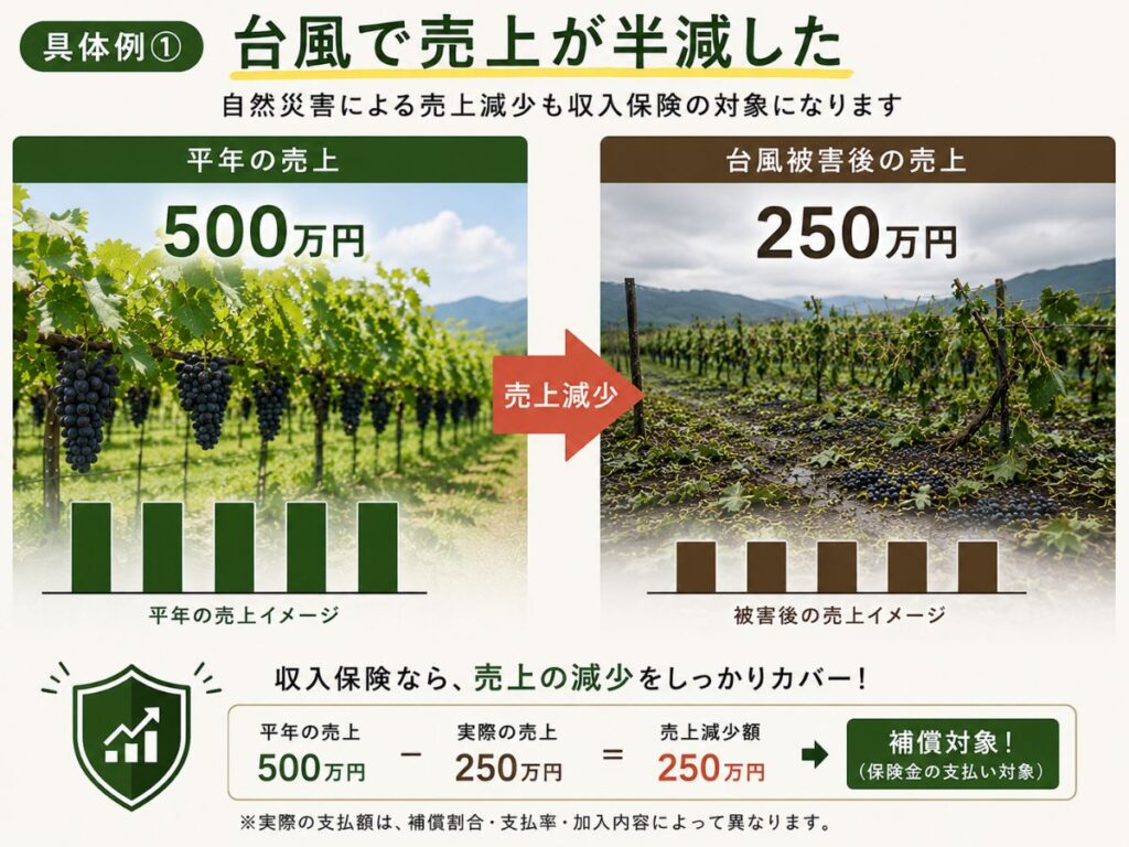 台風被害で売上が500万円から250万円に減少した場合の収入保険の補償イメージ