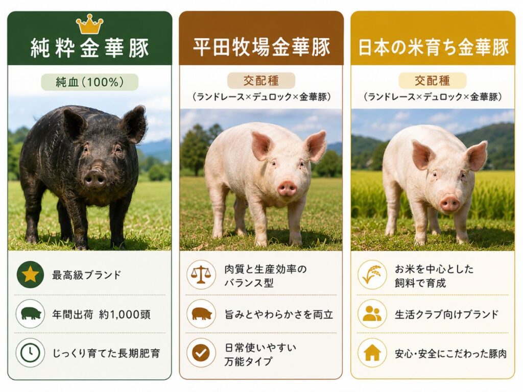 純粋金華豚と平田牧場金華豚、日本の米育ち金華豚の違いを比較した図