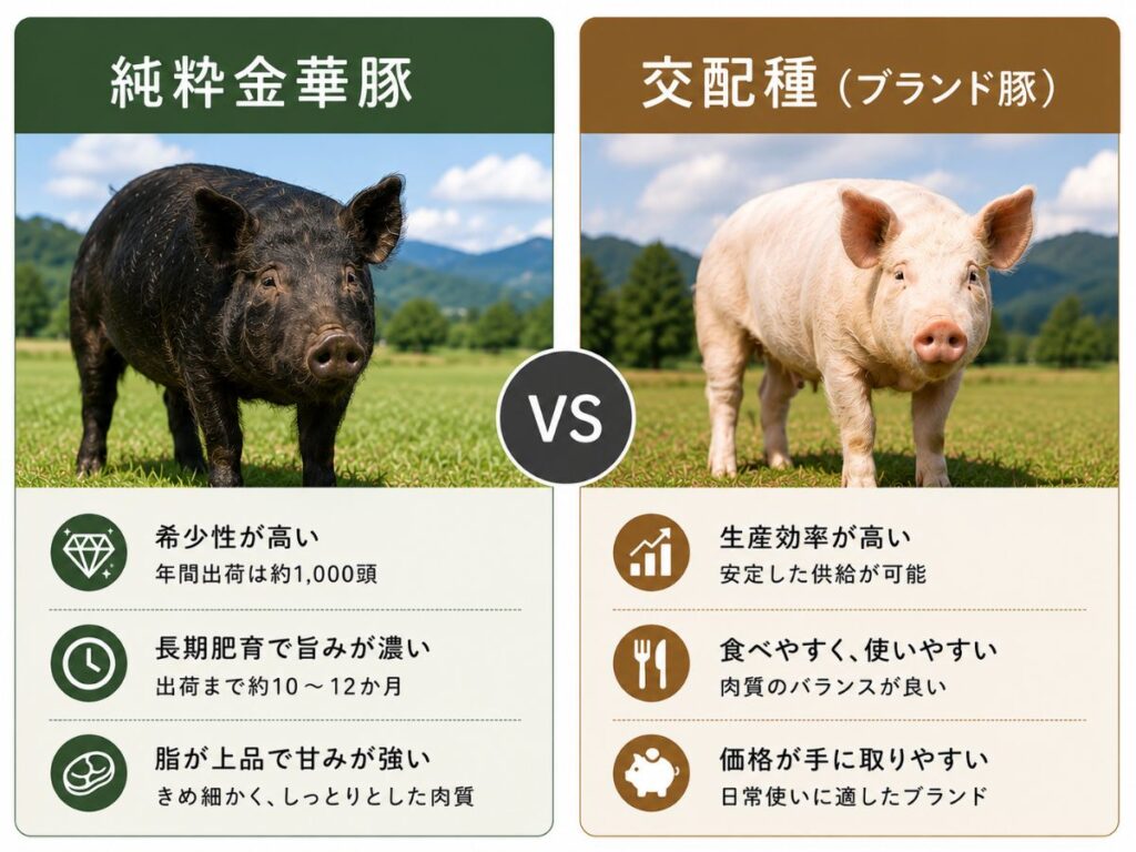 純粋金華豚と交配種（ブランド豚）の違いを比較した図