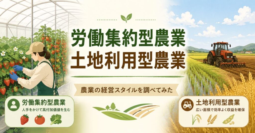 労働集約型農業と土地利用型農業の違いを解説するアイキャッチ画像