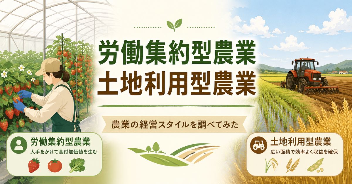 労働集約型農業と土地利用型農業の違いを解説するアイキャッチ画像