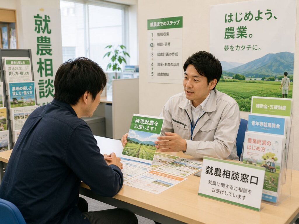 就農相談窓口で新規就農について説明を受ける様子