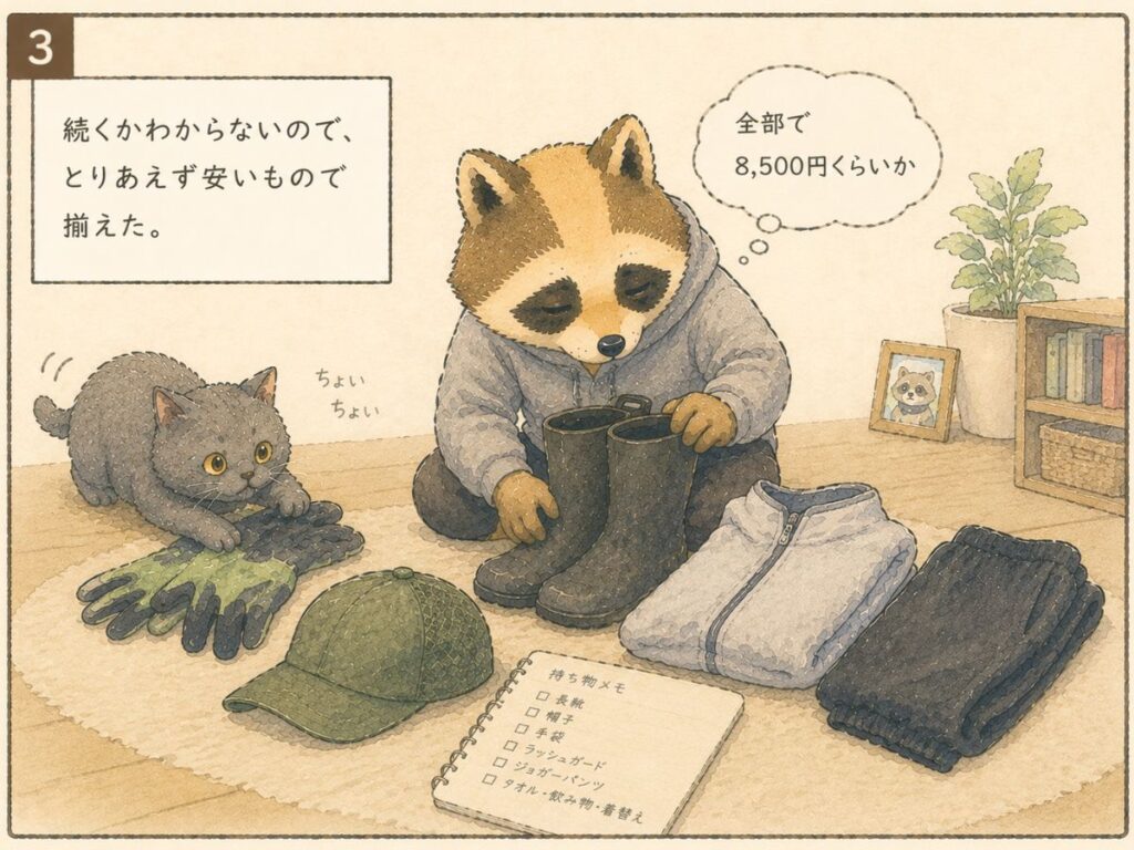 長靴や手袋など農業体験の持ち物を準備する様子