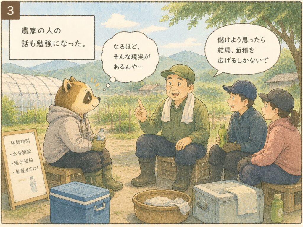 休憩中に農家の人と話をする様子