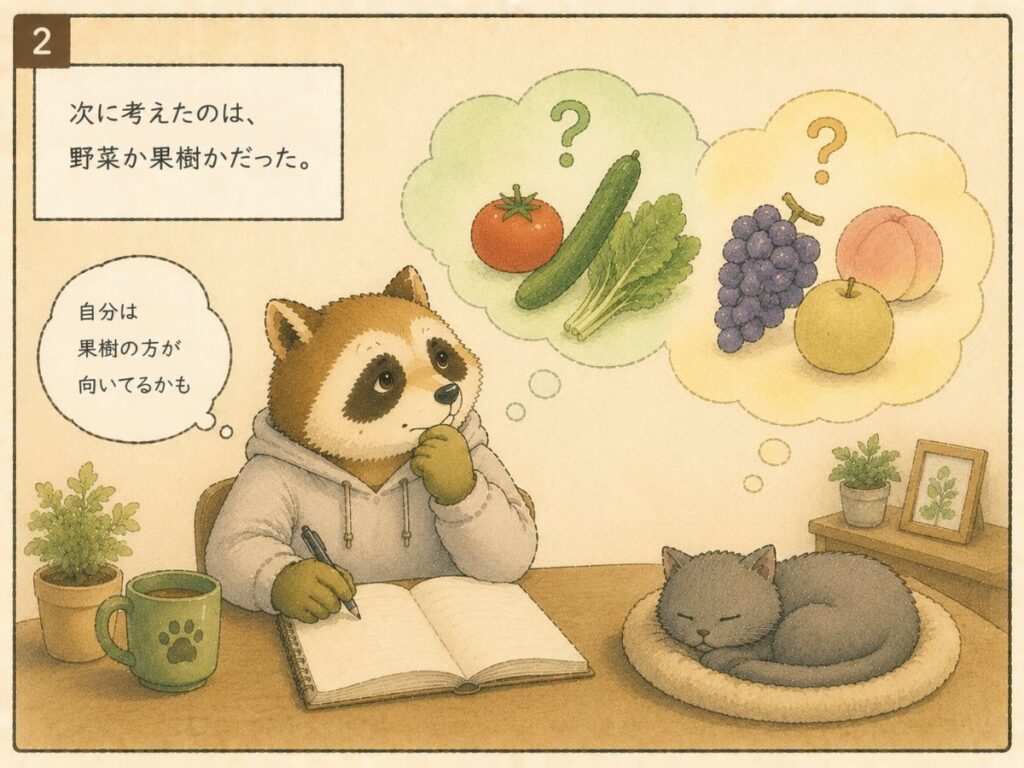 野菜と果樹のどちらにするか考えるアナグマ