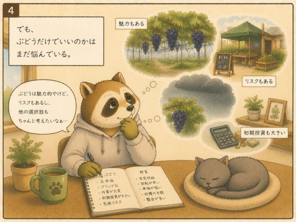 ぶどうを有力候補に考えながら就農計画を検討するアナグマ