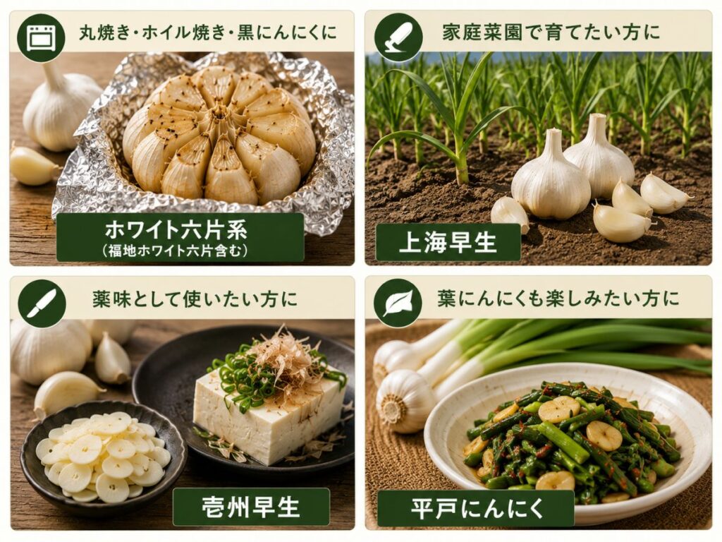 用途別におすすめの国産にんにく品種を比較した図
