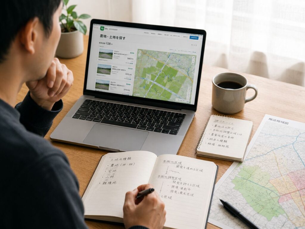 農地や市街化調整区域など土地制度について調べる様子