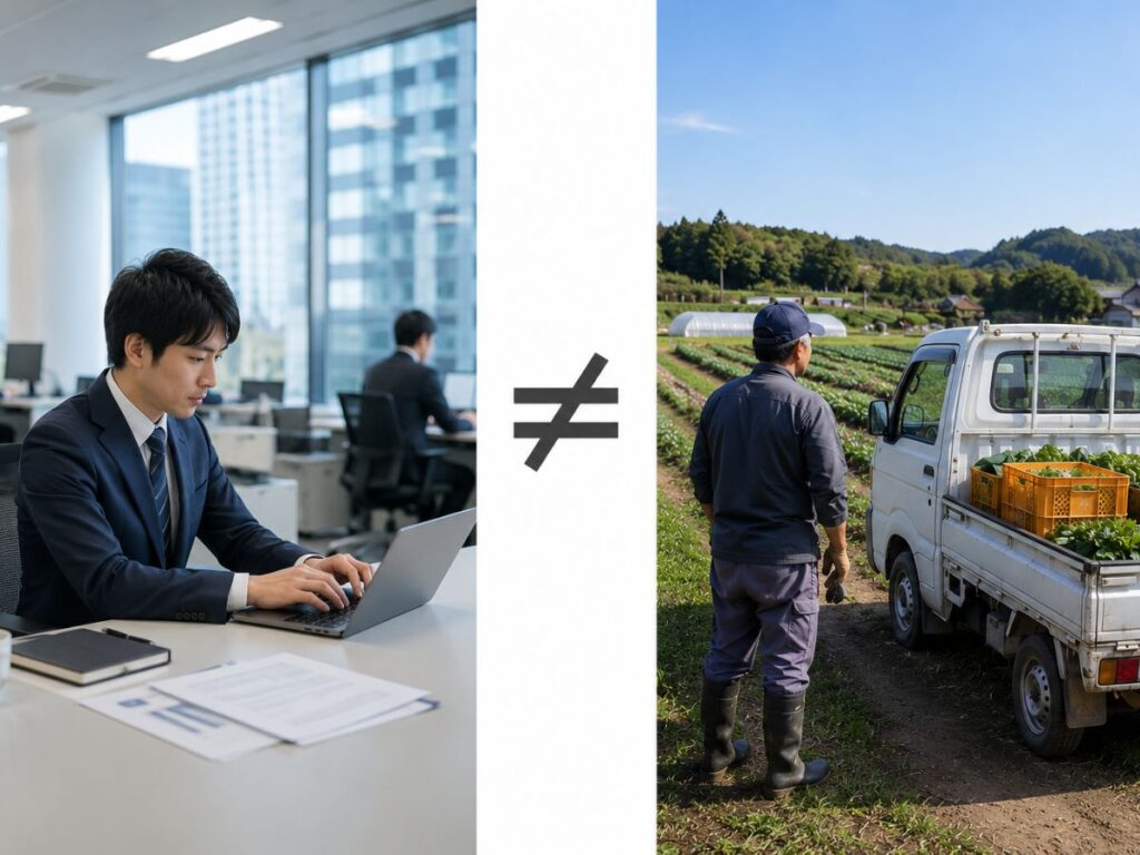 会社員と農家の働き方や収入構造の違いをイメージした比較画像