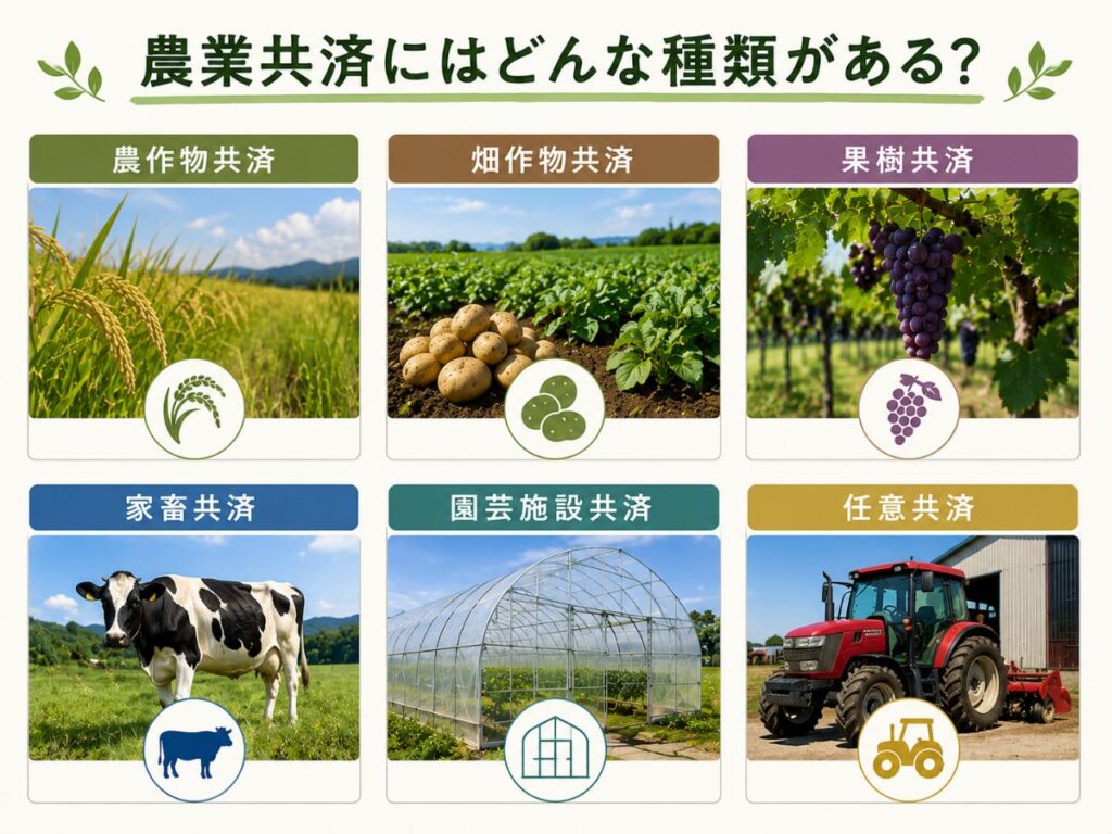 農業共済の種類一覧(農作物共済・畑作物共済・果樹共済・家畜共済・園芸施設共済・任意共済)