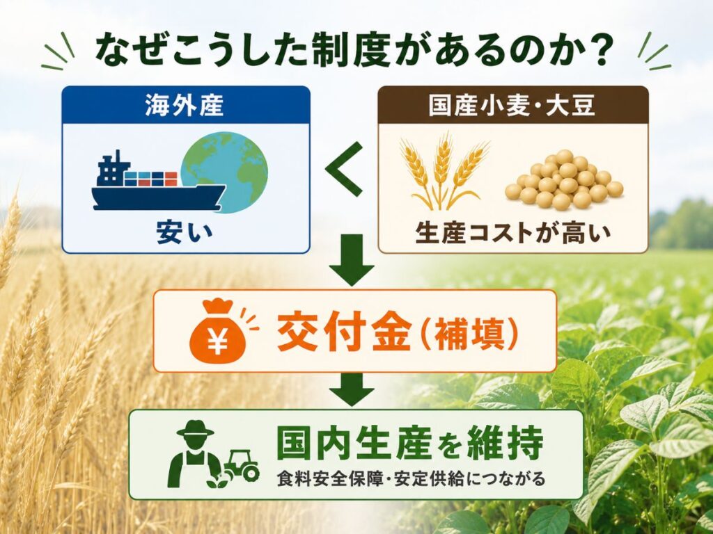 国産小麦や大豆の生産を維持するために交付金制度が設けられている仕組みを解説した図