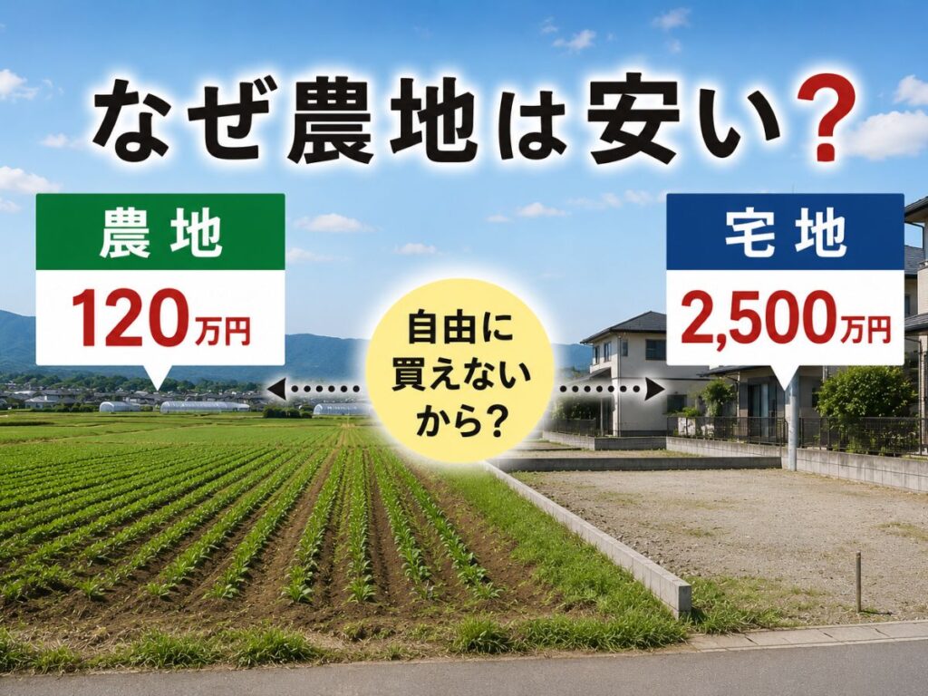 農地と宅地の価格差を比較し農地が安い理由を解説するイメージ