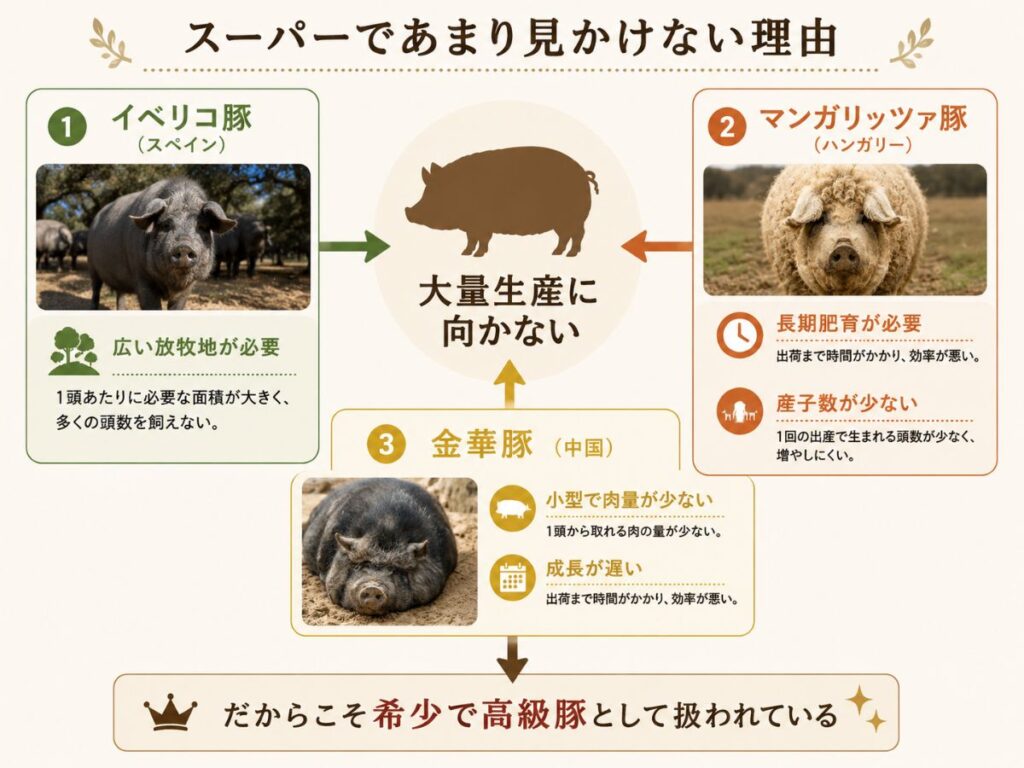 世界三大豚が大量生産に向かない理由をまとめた図