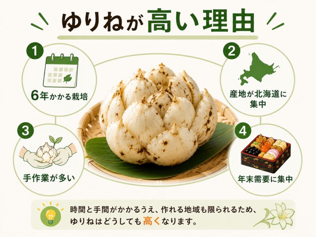 ゆりねが高い理由を解説した図解。栽培期間の長さ、北海道への産地集中、手作業の多さ、年末需要を紹介。