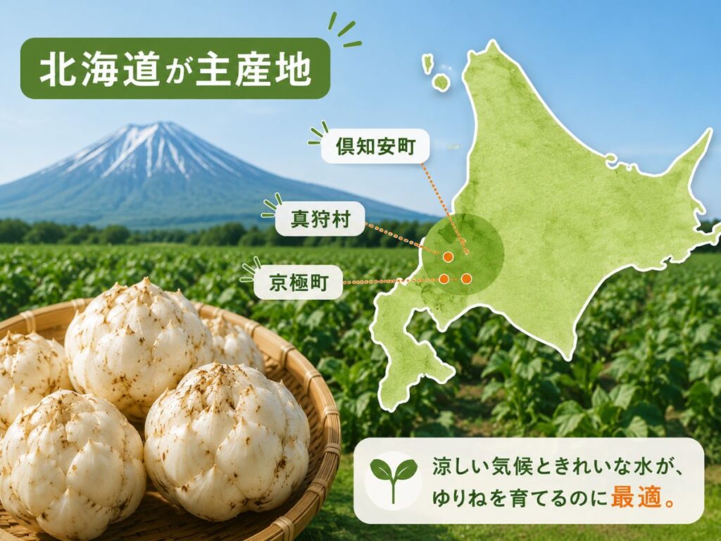 ゆりねの主産地である北海道の地図と、真狩村・京極町・倶知安町周辺を紹介する図解。