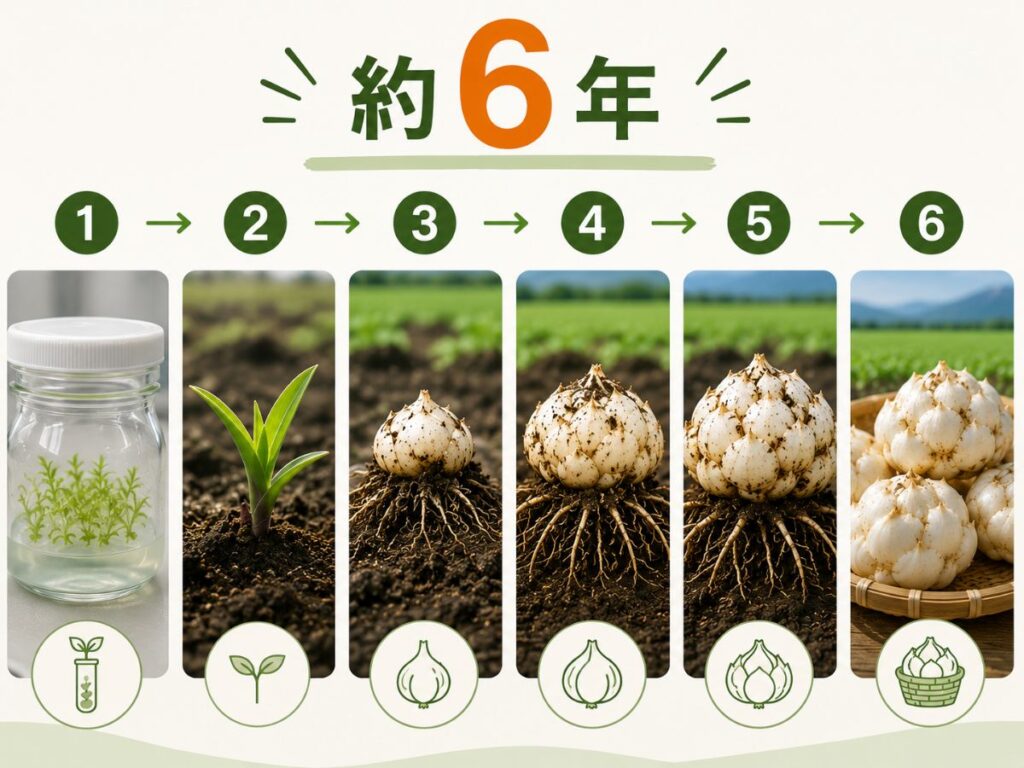 ゆりねが培養苗から収穫まで約6年かけて育つ流れを示した図解。