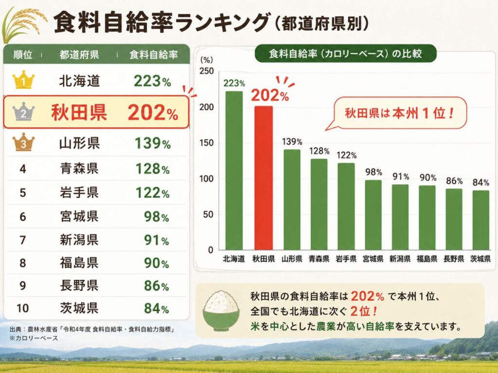 都道府県別の食料自給率ランキングで秋田県が本州1位の図