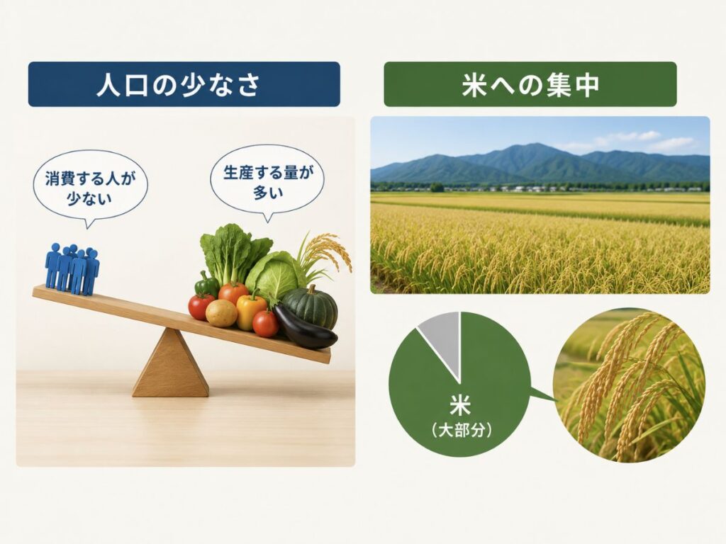 秋田県の食料自給率が高い理由を示したイメージ図